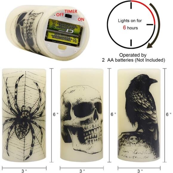 Halloween LED Candles Flameless Flickering Battery Operated Skull Spider Crow De - Picture 2 of 7